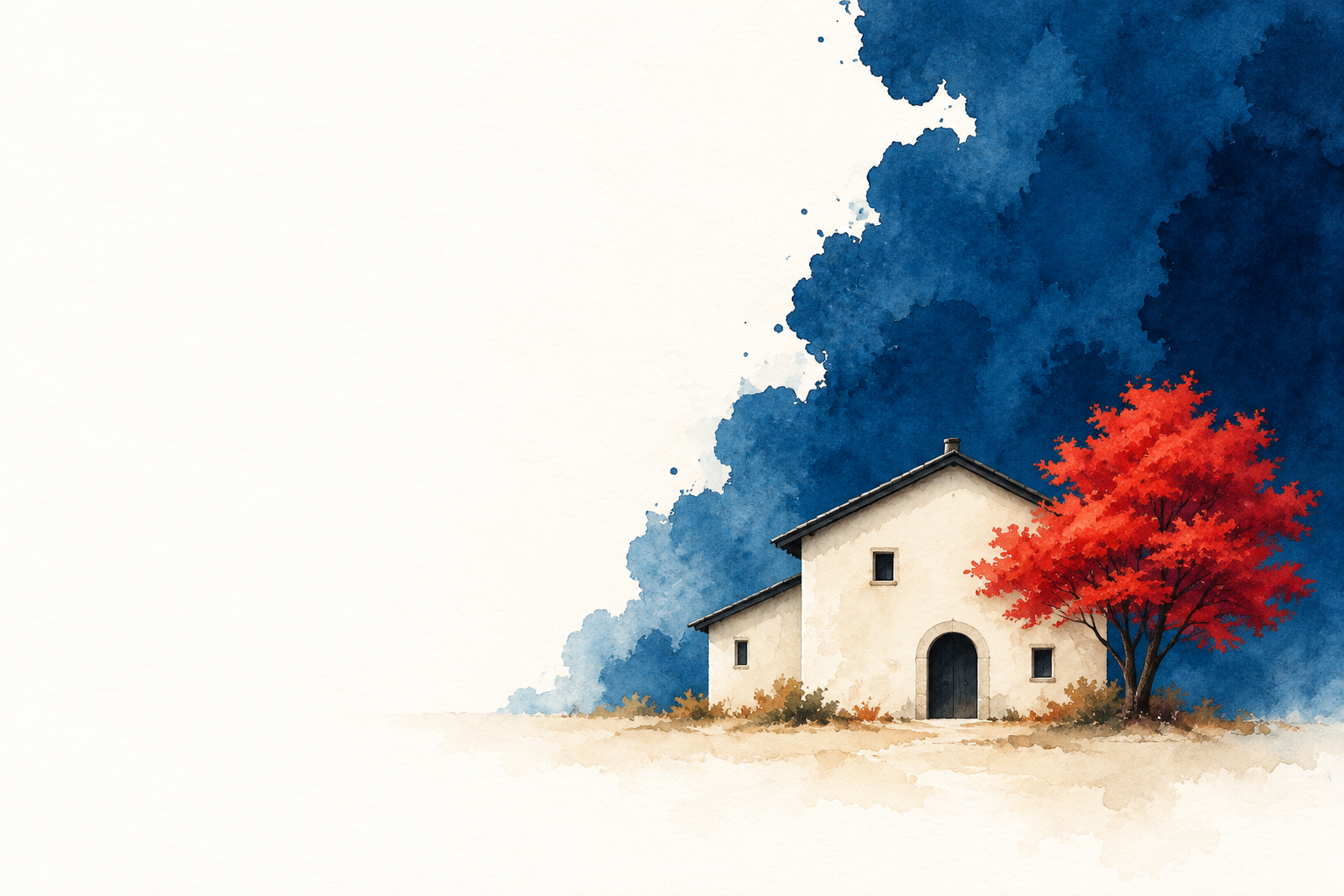 Una piccola casa chiara con un albero rosso, dipinta ad acquerello su una pennellata blu
